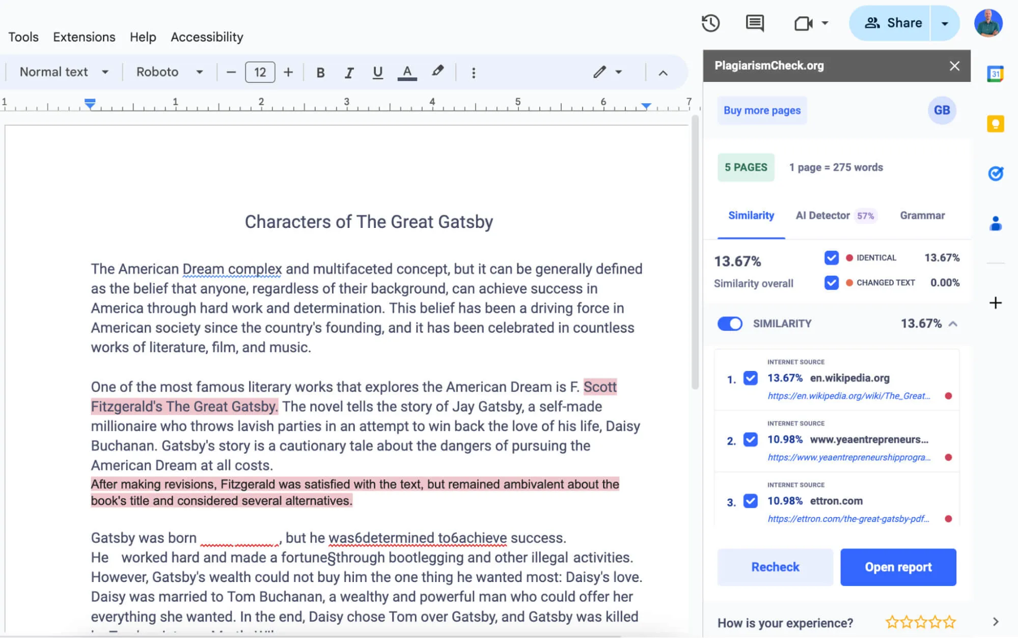 Wait a few moments for plagiarism checking results in Google Docs.