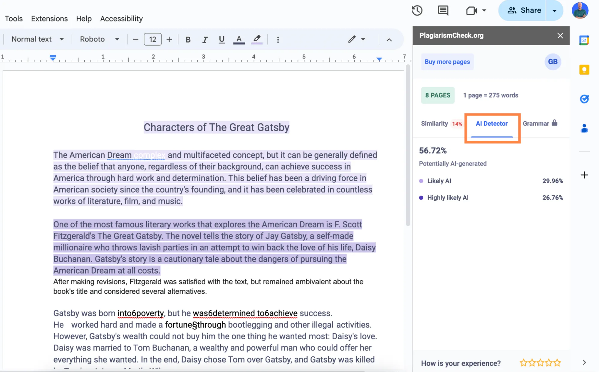 To see what sentences AI detector Google Docs flagged as potentially AI-generated