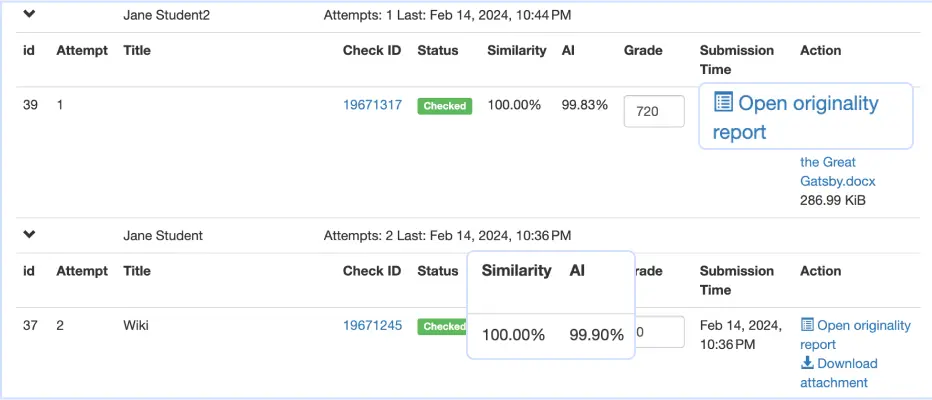 Easy access to similarity & AI scores within Brightspace