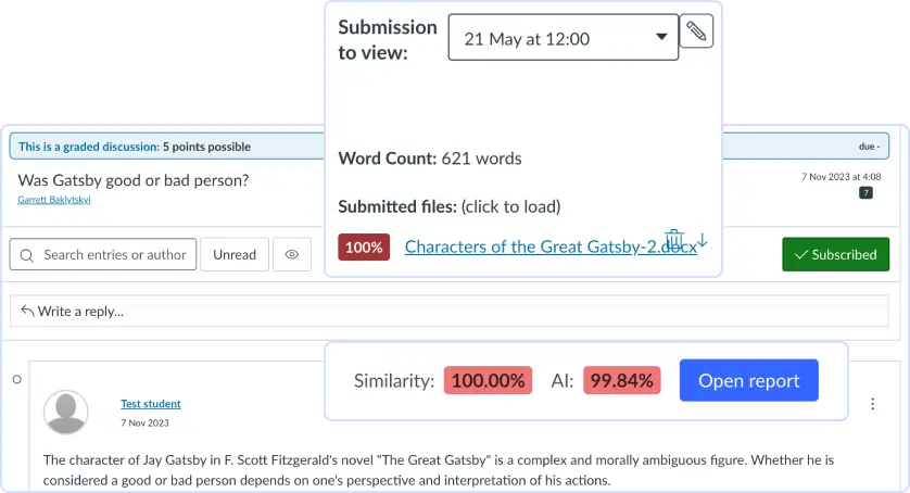 Easy access to similarity & AI scores within Canvas