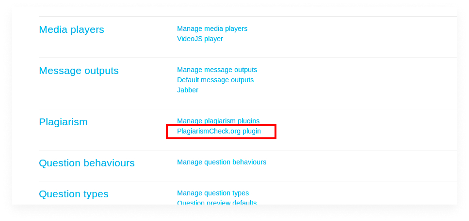 Plagiarism check Moodle plugin integration