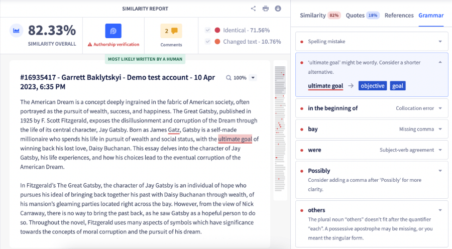 Grammar checker in plagiarism detector