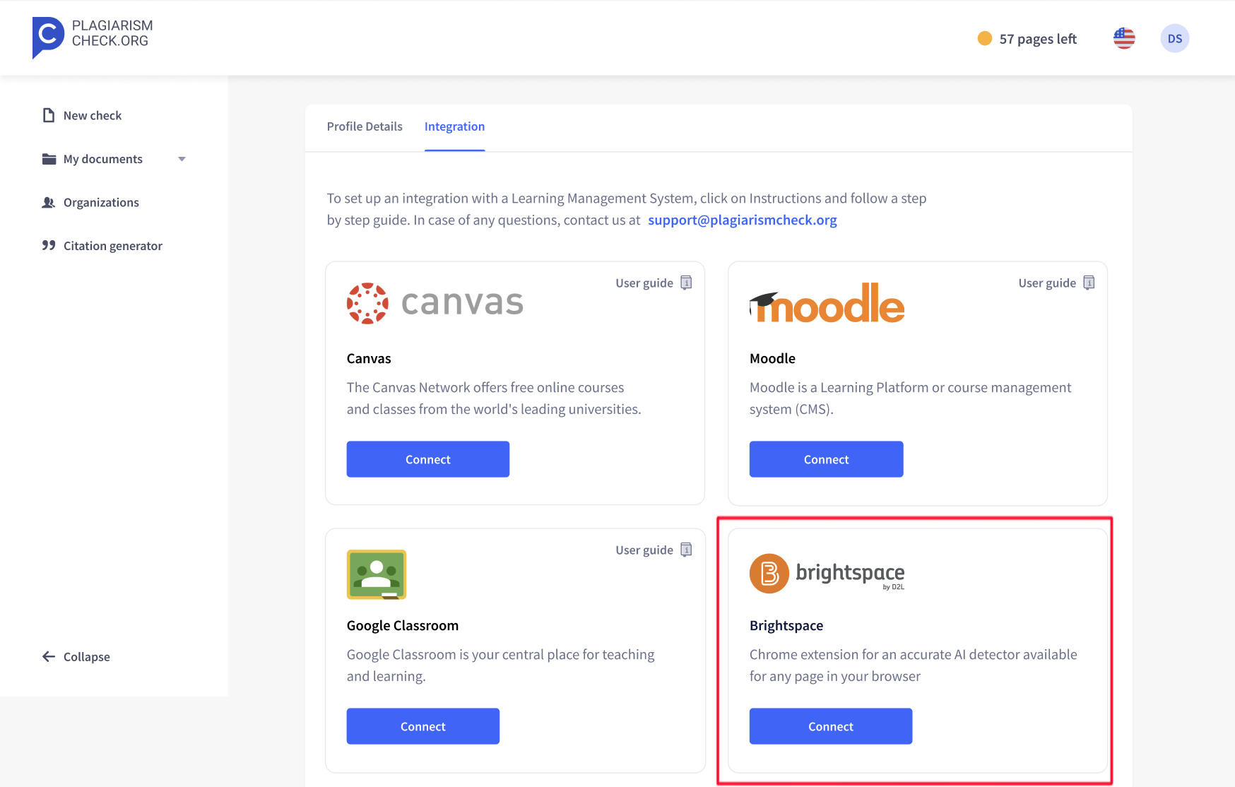 Set up integration between PlagiarismCheck and Brightspace.